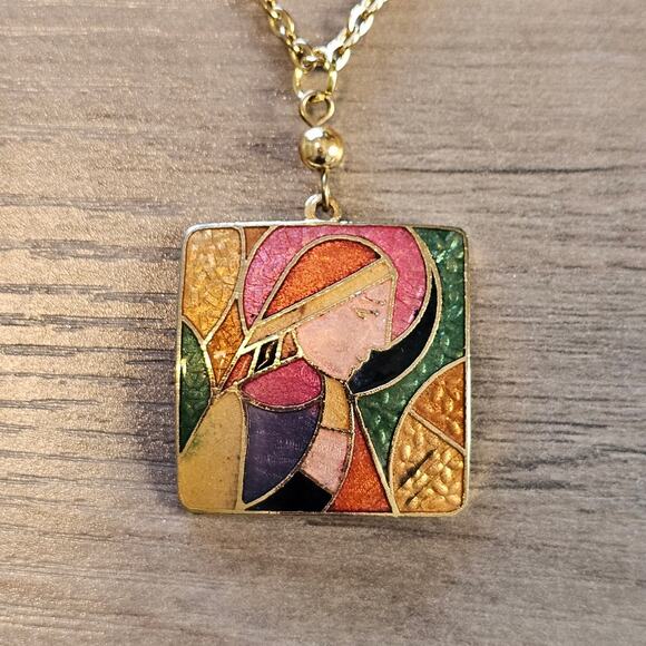 Vintage Cloisonne Praying Nun Religious Figure Gold Necklace - Picture 1 of 5